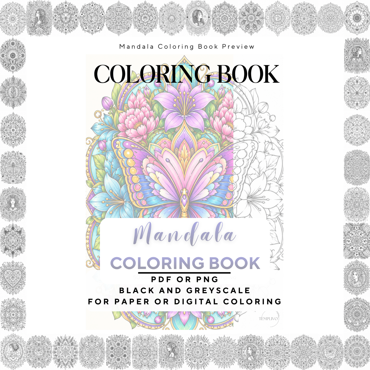 Adult coloring book, Mandala coloring book, Mandala, livre de coloriage, pdf, png, fantasy coloring pages, adult coloring pages, doodle colouring book, floral colouring pages png, adult coloring pages printable, adult coloring, coloring pages for adults, coloring page digital, Instant download, high detail and intricate, Line art, best seller, grey scale, Mandala Malvorlagen, Malbuch, Malseiten