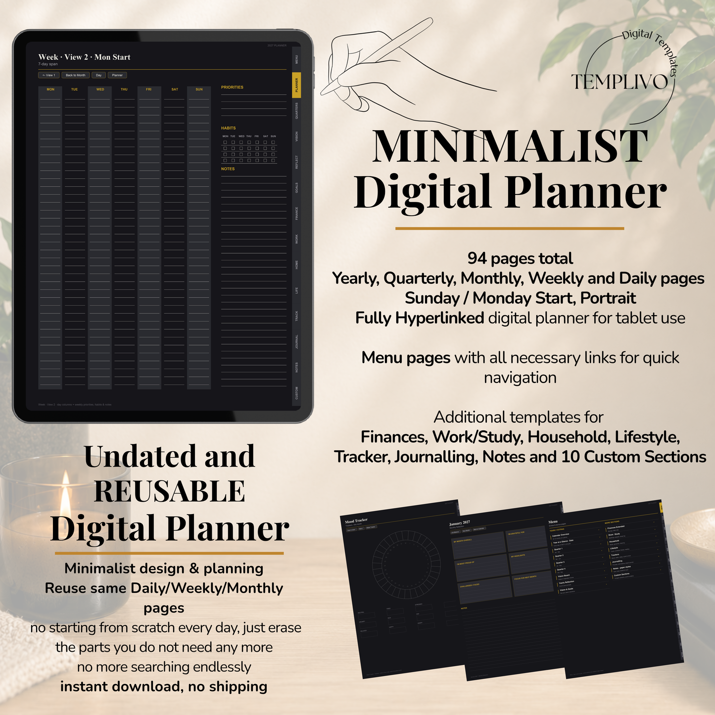 Minimalist Digital Planner, Sunday Monday week  start, dark mode, reuse calendar, Digitaler Planer dunkel, Digital Planner, portrait orientation, planner, Digital planner,  journal for samsung notes, goodnotes and ipad, daily, weekly and monthly pages with lifestyle templates, daily planner, weekly planner, monthly planner, digital planner, goodnotes planner, dunkel modus, notebook, adhd planner, hyperlinked, digital download,  digitaler planer, digitale agenda, digital notebook, planificateur