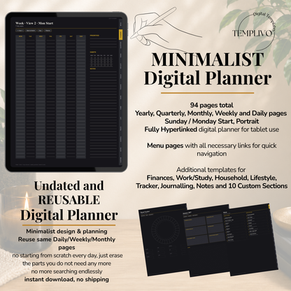 Minimalist Digital Planner, Sunday Monday week  start, dark mode, reuse calendar, Digitaler Planer dunkel, Digital Planner, portrait orientation, planner, Digital planner,  journal for samsung notes, goodnotes and ipad, daily, weekly and monthly pages with lifestyle templates, daily planner, weekly planner, monthly planner, digital planner, goodnotes planner, dunkel modus, notebook, adhd planner, hyperlinked, digital download,  digitaler planer, digitale agenda, digital notebook, planificateur