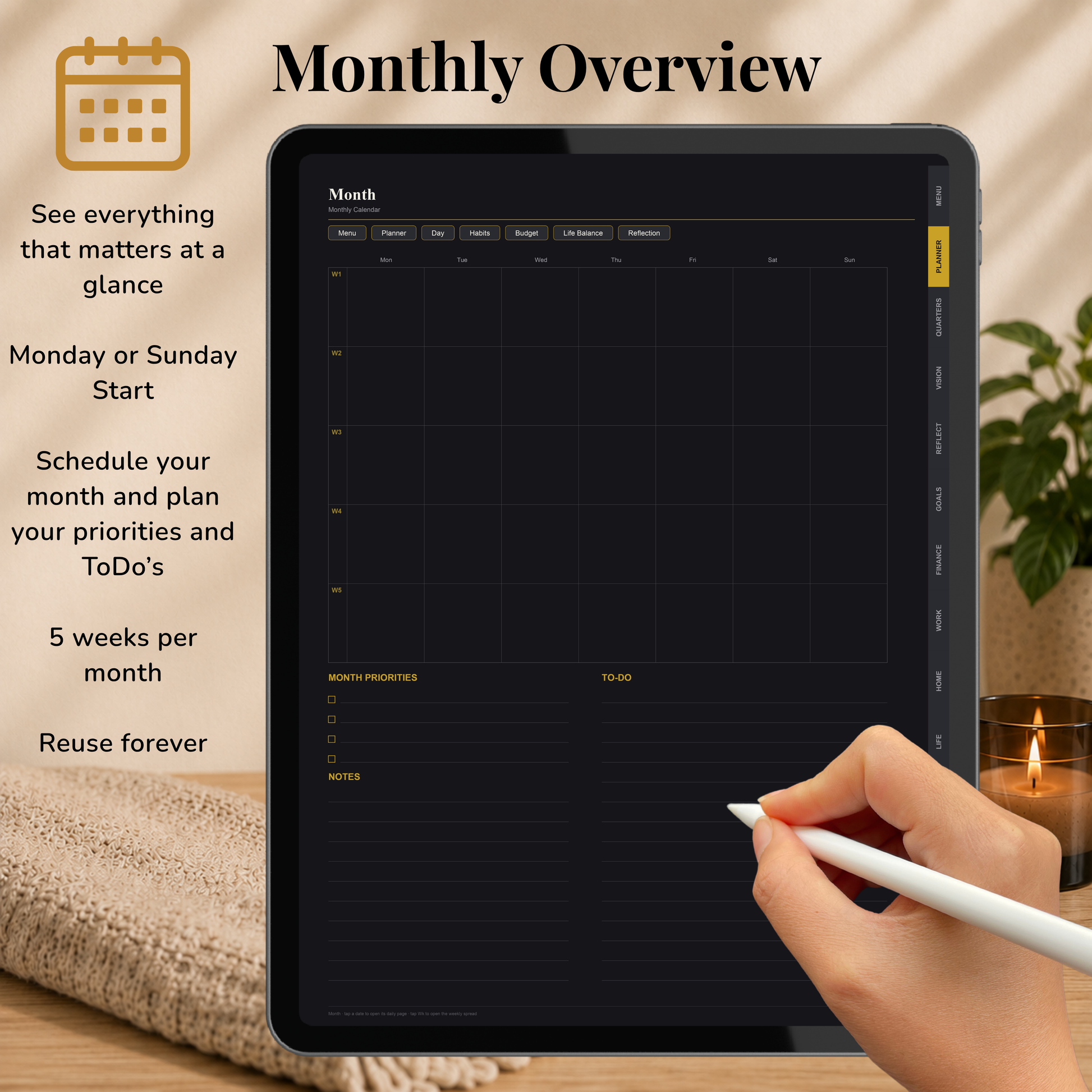 Minimalist Digital Planner, Sunday Monday week  start, dark mode, reuse calendar, Digitaler Planer dunkel, Digital Planner, portrait orientation, planner, Digital planner,  journal for samsung notes, goodnotes and ipad, daily, weekly and monthly pages with lifestyle templates, daily planner, weekly planner, monthly planner, digital planner, goodnotes planner, dunkel modus, notebook, adhd planner, hyperlinked, digital download,  digitaler planer, digitale agenda, digital notebook, planificateur