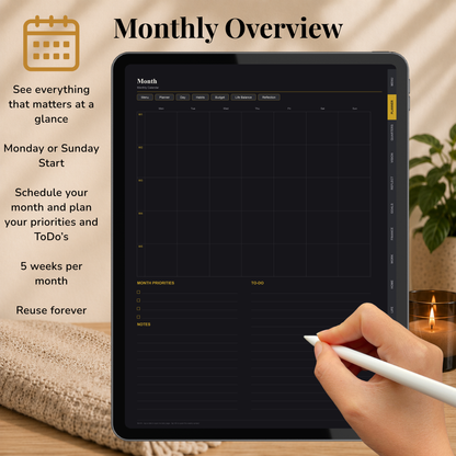 Minimalist Digital Planner, Sunday Monday week  start, dark mode, reuse calendar, Digitaler Planer dunkel, Digital Planner, portrait orientation, planner, Digital planner,  journal for samsung notes, goodnotes and ipad, daily, weekly and monthly pages with lifestyle templates, daily planner, weekly planner, monthly planner, digital planner, goodnotes planner, dunkel modus, notebook, adhd planner, hyperlinked, digital download,  digitaler planer, digitale agenda, digital notebook, planificateur