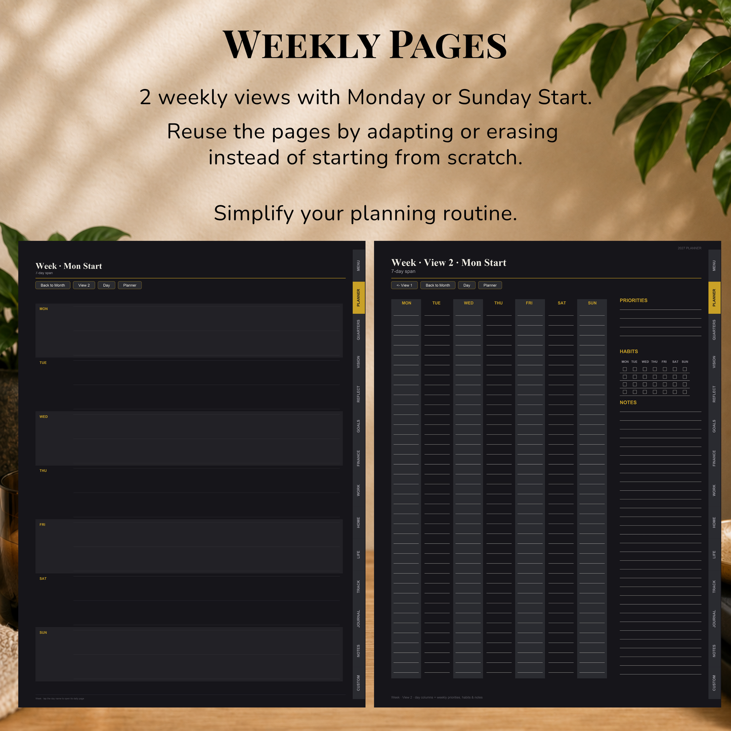 Minimalist Digital Planner, Sunday Monday week  start, dark mode, reuse calendar, Digitaler Planer dunkel, Digital Planner, portrait orientation, planner, Digital planner,  journal for samsung notes, goodnotes and ipad, daily, weekly and monthly pages with lifestyle templates, daily planner, weekly planner, monthly planner, digital planner, goodnotes planner, dunkel modus, notebook, adhd planner, hyperlinked, digital download,  digitaler planer, digitale agenda, digital notebook, planificateur