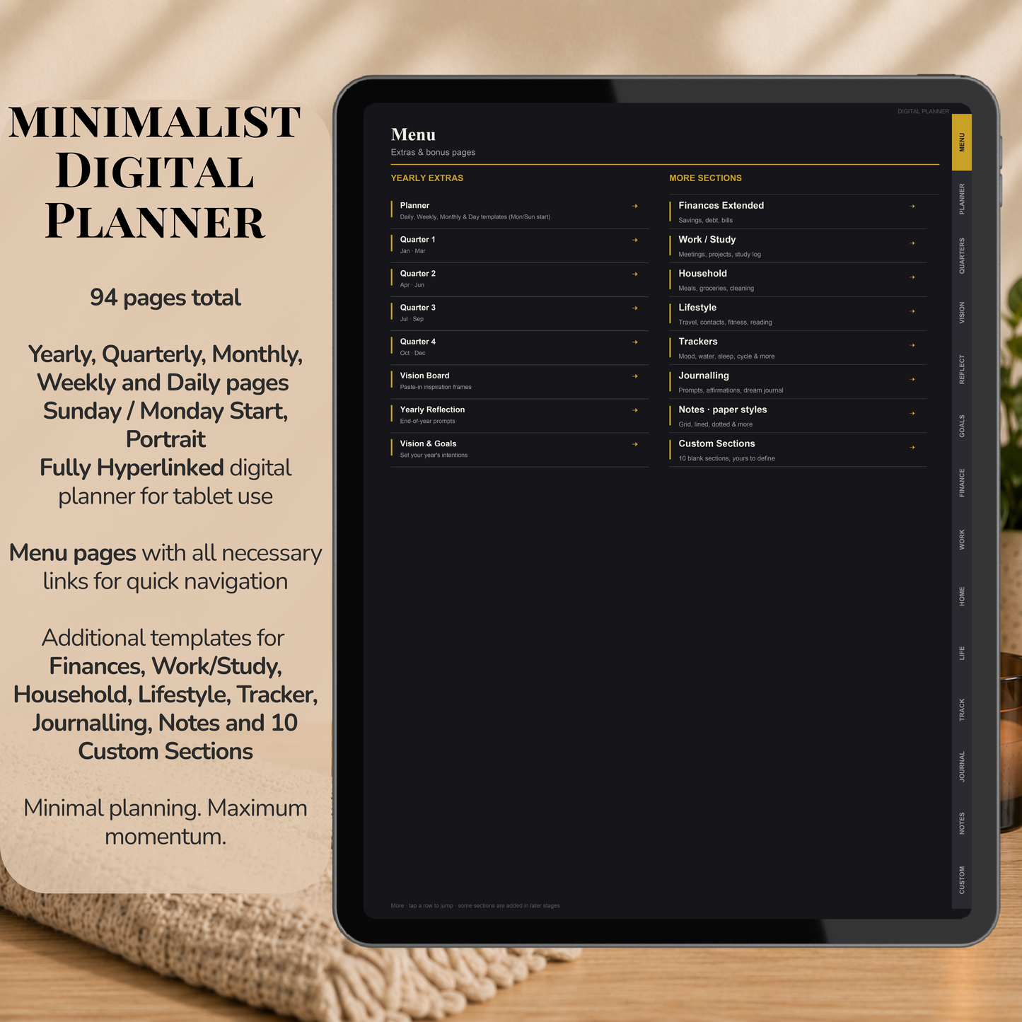 Minimalist Digital Planner, Sunday Monday week  start, dark mode, reuse calendar, Digitaler Planer dunkel, Digital Planner, portrait orientation, planner, Digital planner,  journal for samsung notes, goodnotes and ipad, daily, weekly and monthly pages with lifestyle templates, daily planner, weekly planner, monthly planner, digital planner, goodnotes planner, dunkel modus, notebook, adhd planner, hyperlinked, digital download,  digitaler planer, digitale agenda, digital notebook, planificateur