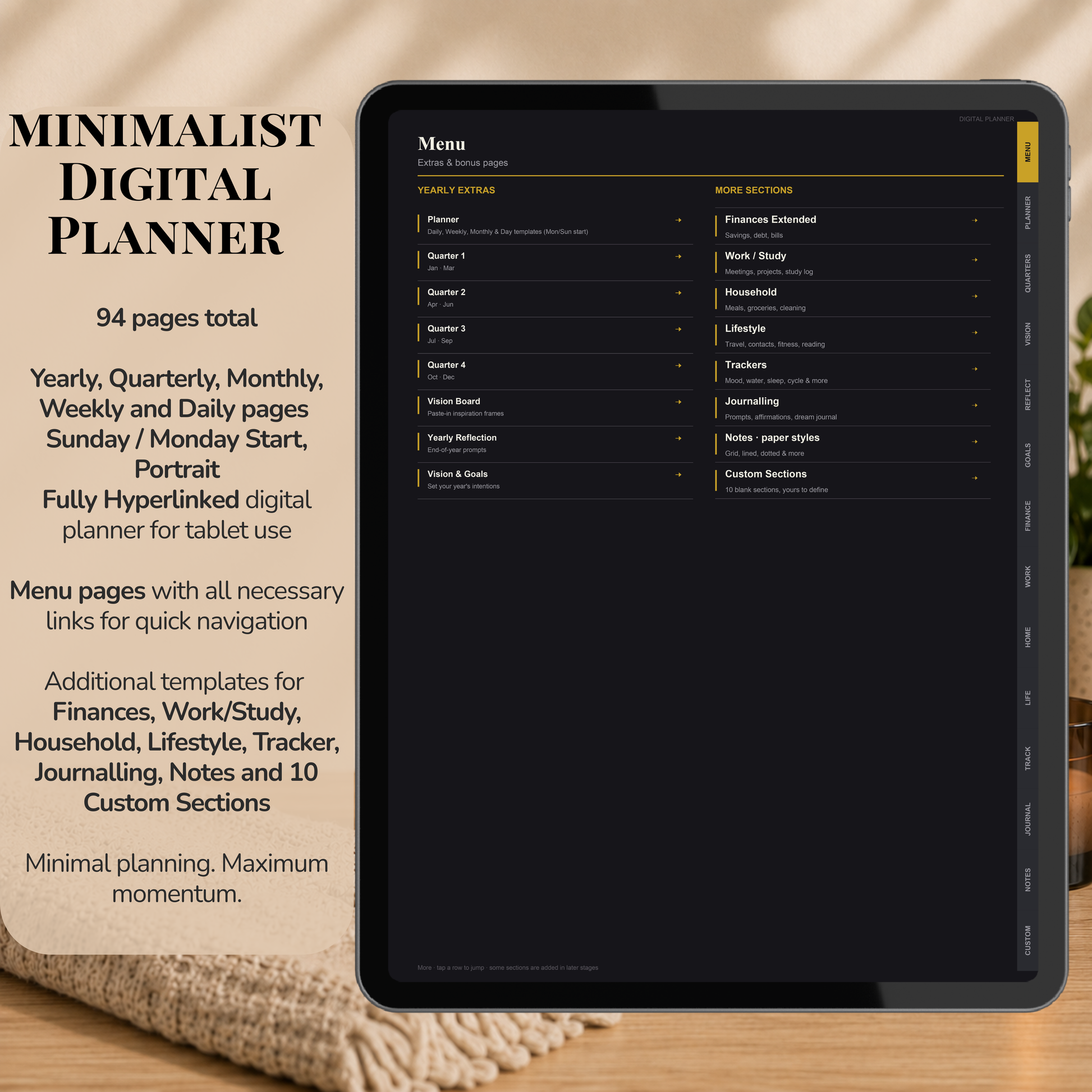Minimalist Digital Planner, Sunday Monday week  start, dark mode, reuse calendar, Digitaler Planer dunkel, Digital Planner, portrait orientation, planner, Digital planner,  journal for samsung notes, goodnotes and ipad, daily, weekly and monthly pages with lifestyle templates, daily planner, weekly planner, monthly planner, digital planner, goodnotes planner, dunkel modus, notebook, adhd planner, hyperlinked, digital download,  digitaler planer, digitale agenda, digital notebook, planificateur