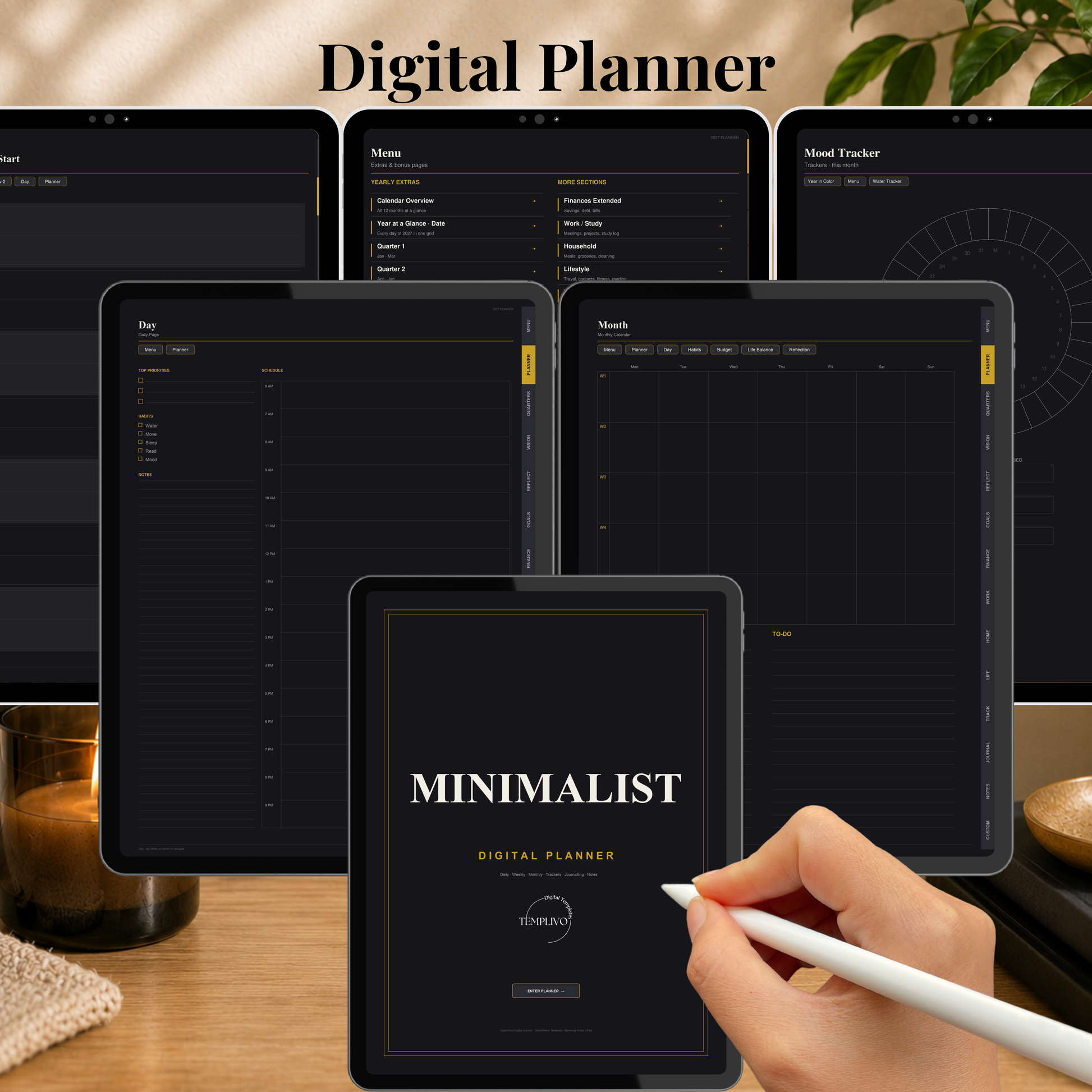 Minimalist Digital Planner, Sunday Monday week  start, dark mode, reuse calendar, Digitaler Planer dunkel, Digital Planner, portrait orientation, planner, Digital planner,  journal for samsung notes, goodnotes and ipad, daily, weekly and monthly pages with lifestyle templates, daily planner, weekly planner, monthly planner, digital planner, goodnotes planner, dunkel modus, notebook, adhd planner, hyperlinked, digital download,  digitaler planer, digitale agenda, digital notebook, planificateur