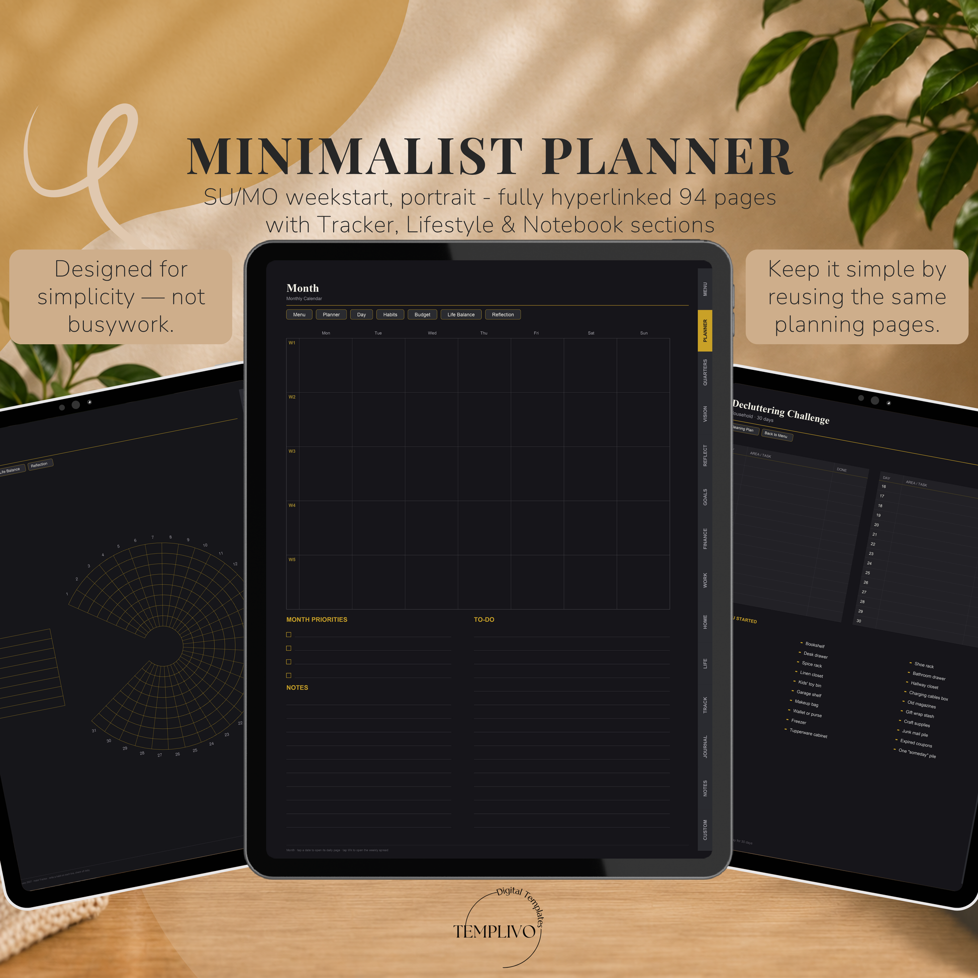Minimalist Digital Planner, Sunday Monday week  start, dark mode, reuse calendar, Digitaler Planer dunkel, Digital Planner, portrait orientation, planner, Digital planner,  journal for samsung notes, goodnotes and ipad, daily, weekly and monthly pages with lifestyle templates, daily planner, weekly planner, monthly planner, digital planner, goodnotes planner, dunkel modus, notebook, adhd planner, hyperlinked, digital download,  digitaler planer, digitale agenda, digital notebook, planificateur