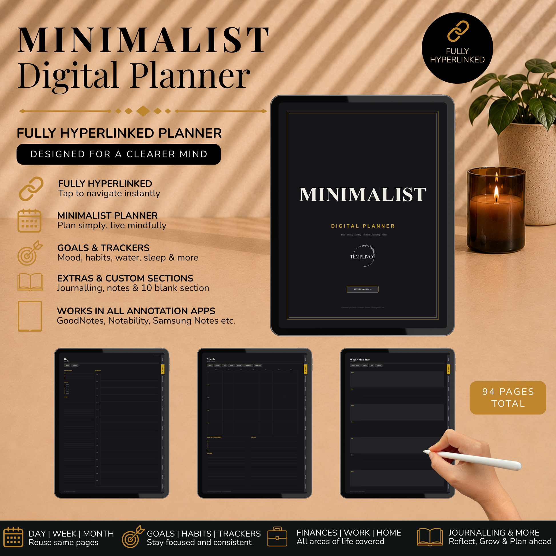 Minimalist Digital Planner, Sunday Monday week  start, dark mode, reuse calendar, Digitaler Planer dunkel, Digital Planner, portrait orientation, planner, Digital planner,  journal for samsung notes, goodnotes and ipad, daily, weekly and monthly pages with lifestyle templates, daily planner, weekly planner, monthly planner, digital planner, goodnotes planner, dunkel modus, notebook, adhd planner, hyperlinked, digital download,  digitaler planer, digitale agenda, digital notebook, planificateur