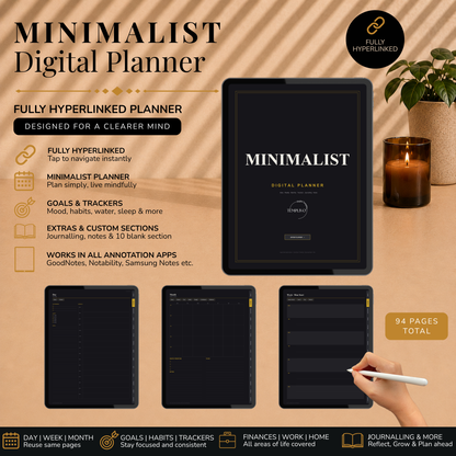 Minimalist Digital Planner, Sunday Monday week  start, dark mode, reuse calendar, Digitaler Planer dunkel, Digital Planner, portrait orientation, planner, Digital planner,  journal for samsung notes, goodnotes and ipad, daily, weekly and monthly pages with lifestyle templates, daily planner, weekly planner, monthly planner, digital planner, goodnotes planner, dunkel modus, notebook, adhd planner, hyperlinked, digital download,  digitaler planer, digitale agenda, digital notebook, planificateur