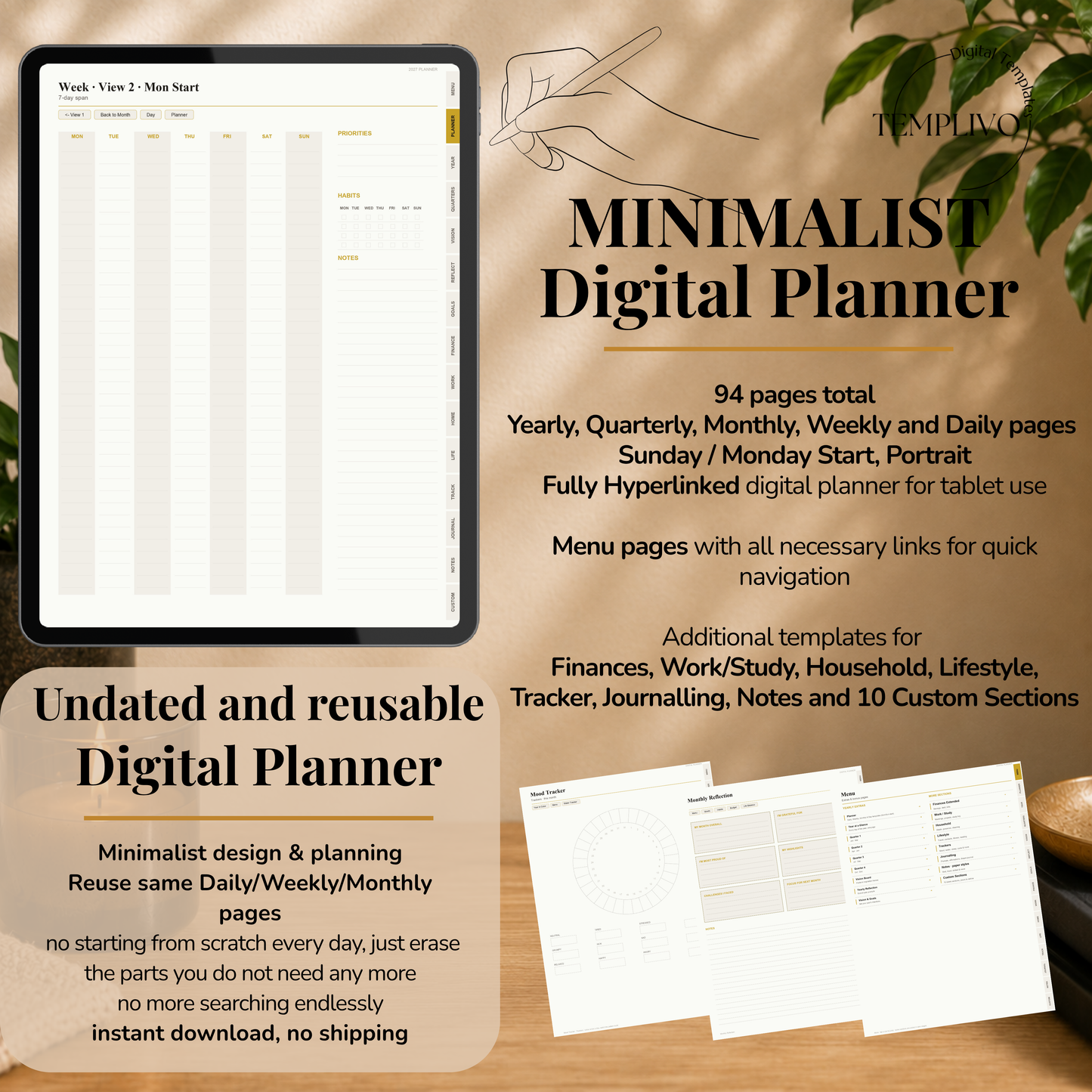 Minimalist Digital Planner, Sunday Monday week start, light mode, reuse calendar, Digitaler Planer hell, Digital Planner, portrait orientation, planner, Digital planner,  journal for samsung notes, goodnotes and ipad, daily, weekly and monthly pages with lifestyle templates, daily planner, weekly planner, monthly planner, digital planner, goodnotes planner, hell modus, notebook, adhd planner, hyperlinked, digital download,  digitaler planer, digitale agenda, digital notebook, planificateur