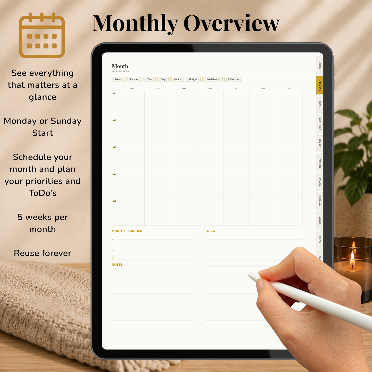 Minimalist Digital Planner, Sunday Monday week start, light mode, reuse calendar, Digitaler Planer hell, Digital Planner, portrait orientation, planner, Digital planner,  journal for samsung notes, goodnotes and ipad, daily, weekly and monthly pages with lifestyle templates, daily planner, weekly planner, monthly planner, digital planner, goodnotes planner, hell modus, notebook, adhd planner, hyperlinked, digital download,  digitaler planer, digitale agenda, digital notebook, planificateur