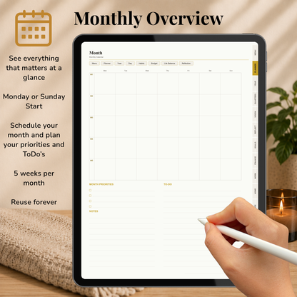 Minimalist Digital Planner, Sunday Monday week start, light mode, reuse calendar, Digitaler Planer hell, Digital Planner, portrait orientation, planner, Digital planner,  journal for samsung notes, goodnotes and ipad, daily, weekly and monthly pages with lifestyle templates, daily planner, weekly planner, monthly planner, digital planner, goodnotes planner, hell modus, notebook, adhd planner, hyperlinked, digital download,  digitaler planer, digitale agenda, digital notebook, planificateur