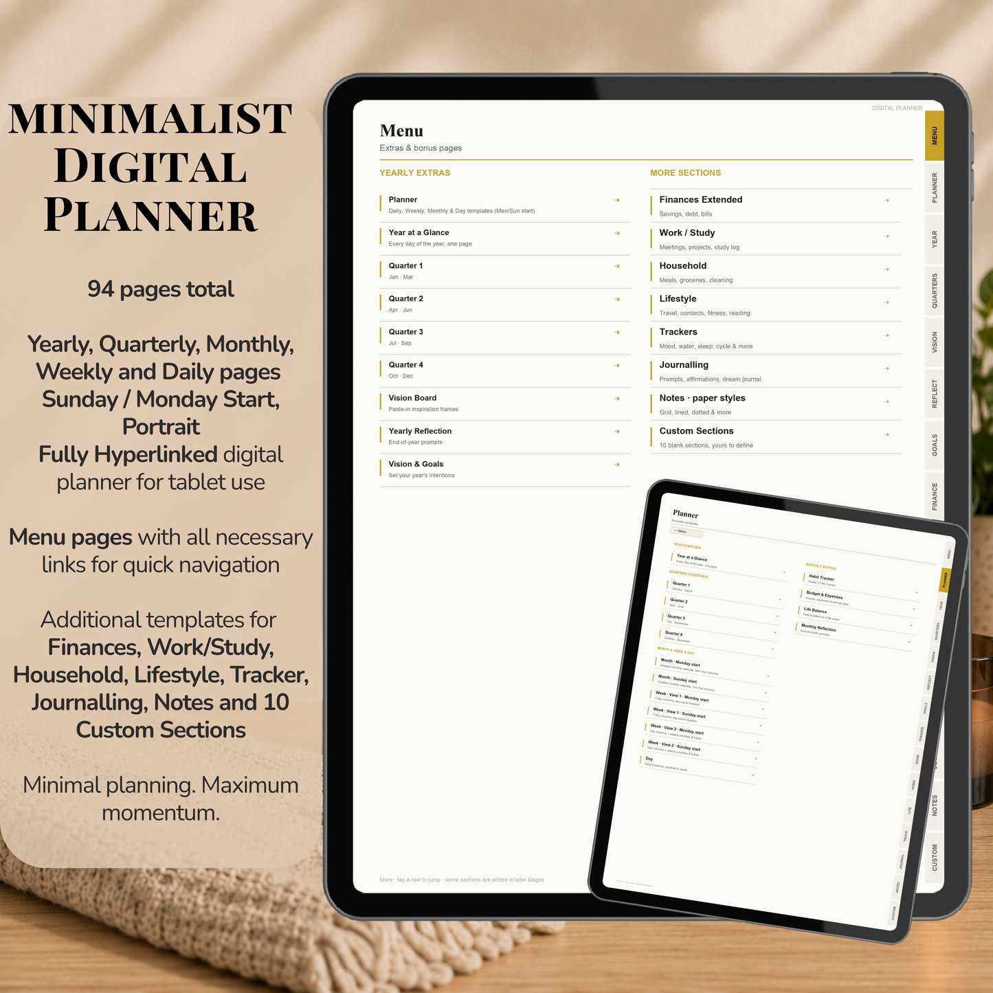 Minimalist Digital Planner, Sunday Monday week start, light mode, reuse calendar, Digitaler Planer hell, Digital Planner, portrait orientation, planner, Digital planner,  journal for samsung notes, goodnotes and ipad, daily, weekly and monthly pages with lifestyle templates, daily planner, weekly planner, monthly planner, digital planner, goodnotes planner, hell modus, notebook, adhd planner, hyperlinked, digital download,  digitaler planer, digitale agenda, digital notebook, planificateur