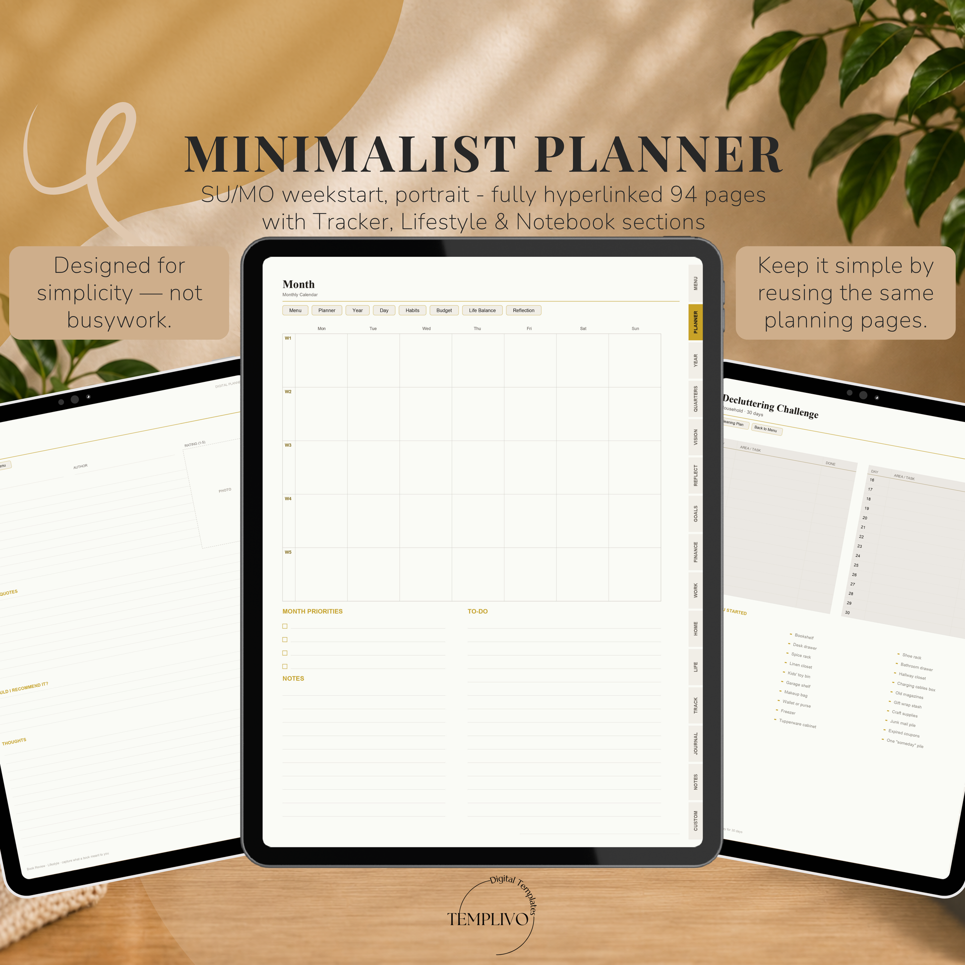 Minimalist Digital Planner, Sunday Monday week start, light mode, reuse calendar, Digitaler Planer hell, Digital Planner, portrait orientation, planner, Digital planner,  journal for samsung notes, goodnotes and ipad, daily, weekly and monthly pages with lifestyle templates, daily planner, weekly planner, monthly planner, digital planner, goodnotes planner, hell modus, notebook, adhd planner, hyperlinked, digital download,  digitaler planer, digitale agenda, digital notebook, planificateur
