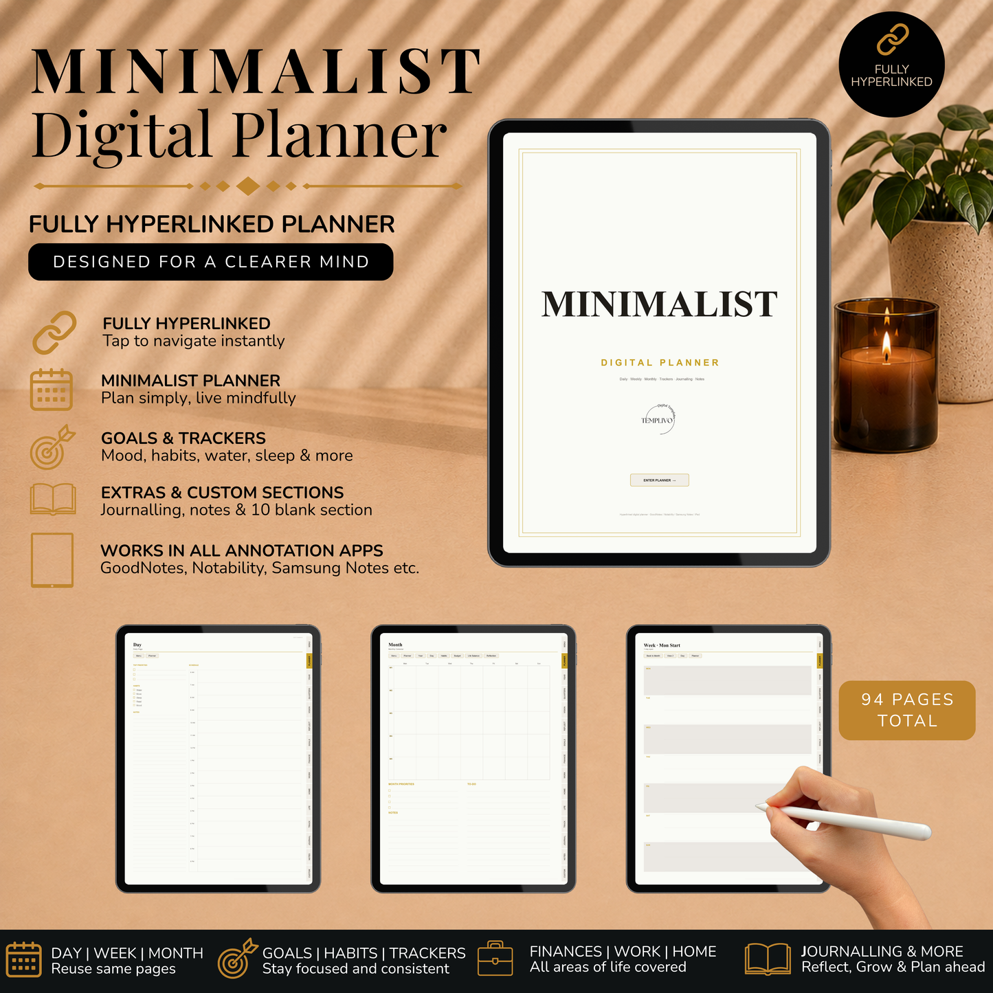 Minimalist Digital Planner, Sunday Monday week start, light mode, reuse calendar, Digitaler Planer hell, Digital Planner, portrait orientation, planner, Digital planner,  journal for samsung notes, goodnotes and ipad, daily, weekly and monthly pages with lifestyle templates, daily planner, weekly planner, monthly planner, digital planner, goodnotes planner, hell modus, notebook, adhd planner, hyperlinked, digital download,  digitaler planer, digitale agenda, digital notebook, planificateur