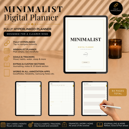 Minimalist Digital Planner, Sunday Monday week start, light mode, reuse calendar, Digitaler Planer hell, Digital Planner, portrait orientation, planner, Digital planner,  journal for samsung notes, goodnotes and ipad, daily, weekly and monthly pages with lifestyle templates, daily planner, weekly planner, monthly planner, digital planner, goodnotes planner, hell modus, notebook, adhd planner, hyperlinked, digital download,  digitaler planer, digitale agenda, digital notebook, planificateur