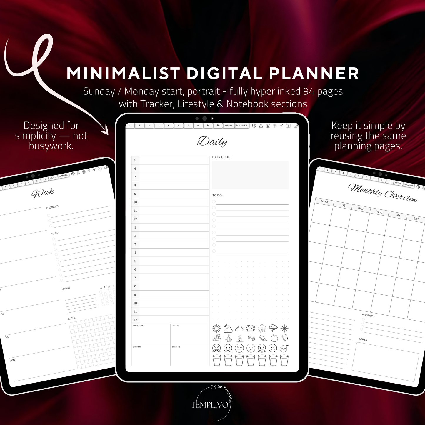 Digital Planner, Sunday MOnday start, Digitaler Planer, Minimalist Digital Planner, printable planner, undated Digital planner, simple minimal Digital Planner - Sunday Start, Monday start, journal for samsung notes, goodnotes and ipad, daily, weekly and monthly pages with lifestyle templates, daily planner, weekly planner, monthly planner, digital planner, goodnotes planner, digital journal, notebook, adhd planner, hyperlinked, digital download, digitaler planer, digitale agenda, digital notebook