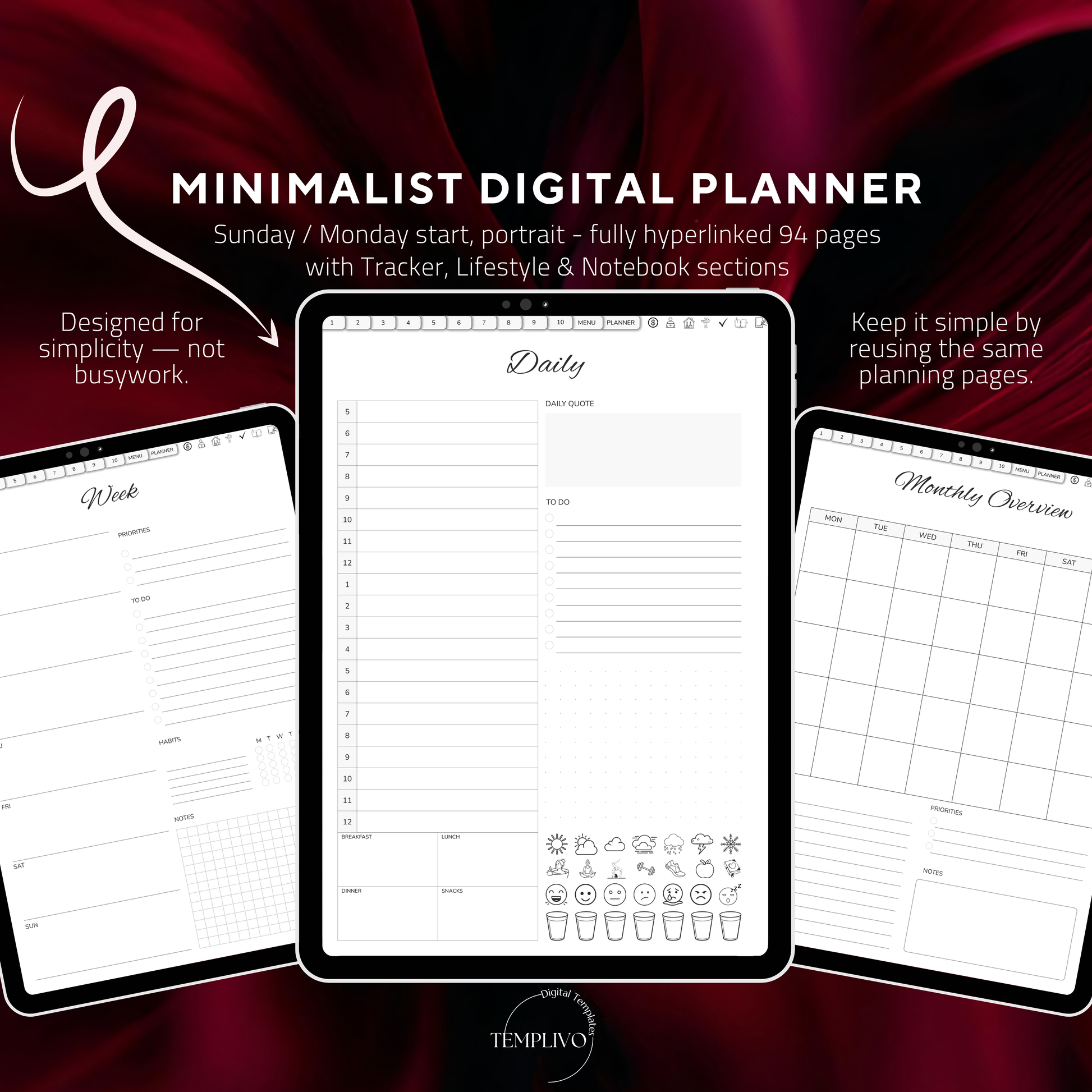 Digital Planner, Sunday MOnday start, Digitaler Planer, Minimalist Digital Planner, printable planner, undated Digital planner, simple minimal Digital Planner - Sunday Start, Monday start, journal for samsung notes, goodnotes and ipad, daily, weekly and monthly pages with lifestyle templates, daily planner, weekly planner, monthly planner, digital planner, goodnotes planner, digital journal, notebook, adhd planner, hyperlinked, digital download, digitaler planer, digitale agenda, digital notebook