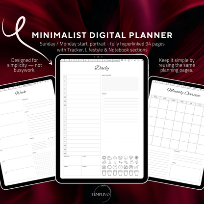 Digital Planner, Sunday MOnday start, Digitaler Planer, Minimalist Digital Planner, printable planner, undated Digital planner, simple minimal Digital Planner - Sunday Start, Monday start, journal for samsung notes, goodnotes and ipad, daily, weekly and monthly pages with lifestyle templates, daily planner, weekly planner, monthly planner, digital planner, goodnotes planner, digital journal, notebook, adhd planner, hyperlinked, digital download, digitaler planer, digitale agenda, digital notebook