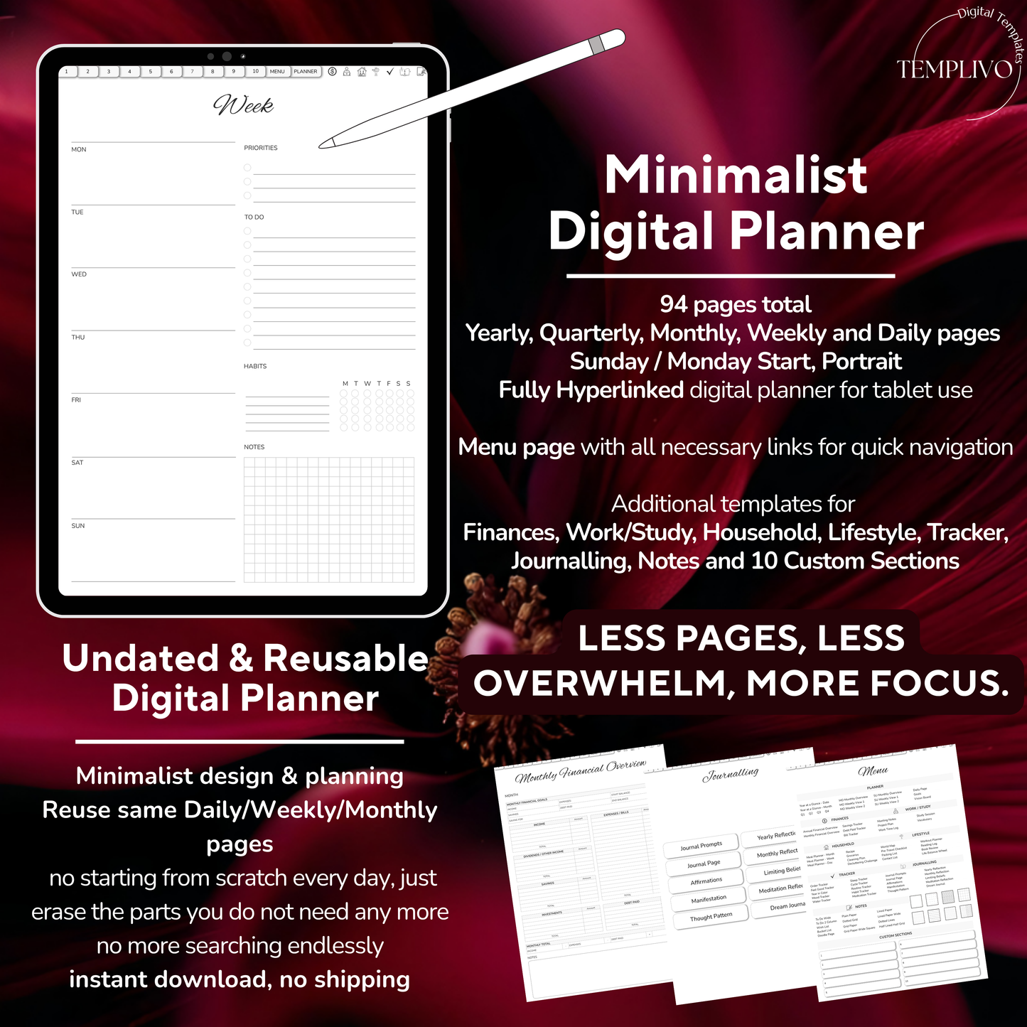 Digital Planner, Sunday MOnday start, Digitaler Planer, Minimalist Digital Planner, printable planner, undated Digital planner, simple minimal Digital Planner - Sunday Start, Monday start, journal for samsung notes, goodnotes and ipad, daily, weekly and monthly pages with lifestyle templates, daily planner, weekly planner, monthly planner, digital planner, goodnotes planner, digital journal, notebook, adhd planner, hyperlinked, digital download, digitaler planer, digitale agenda, digital notebook