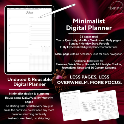 Digital Planner, Sunday MOnday start, Digitaler Planer, Minimalist Digital Planner, printable planner, undated Digital planner, simple minimal Digital Planner - Sunday Start, Monday start, journal for samsung notes, goodnotes and ipad, daily, weekly and monthly pages with lifestyle templates, daily planner, weekly planner, monthly planner, digital planner, goodnotes planner, digital journal, notebook, adhd planner, hyperlinked, digital download, digitaler planer, digitale agenda, digital notebook