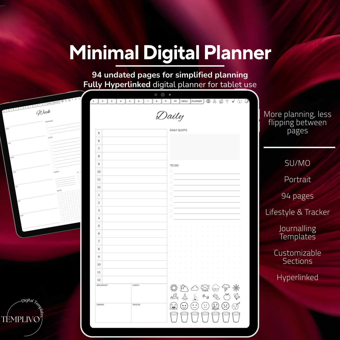 Digital Planner, Sunday MOnday start, Digitaler Planer, Minimalist Digital Planner, printable planner, undated Digital planner, simple minimal Digital Planner - Sunday Start, Monday start, journal for samsung notes, goodnotes and ipad, daily, weekly and monthly pages with lifestyle templates, daily planner, weekly planner, monthly planner, digital planner, goodnotes planner, digital journal, notebook, adhd planner, hyperlinked, digital download, digitaler planer, digitale agenda, digital notebook