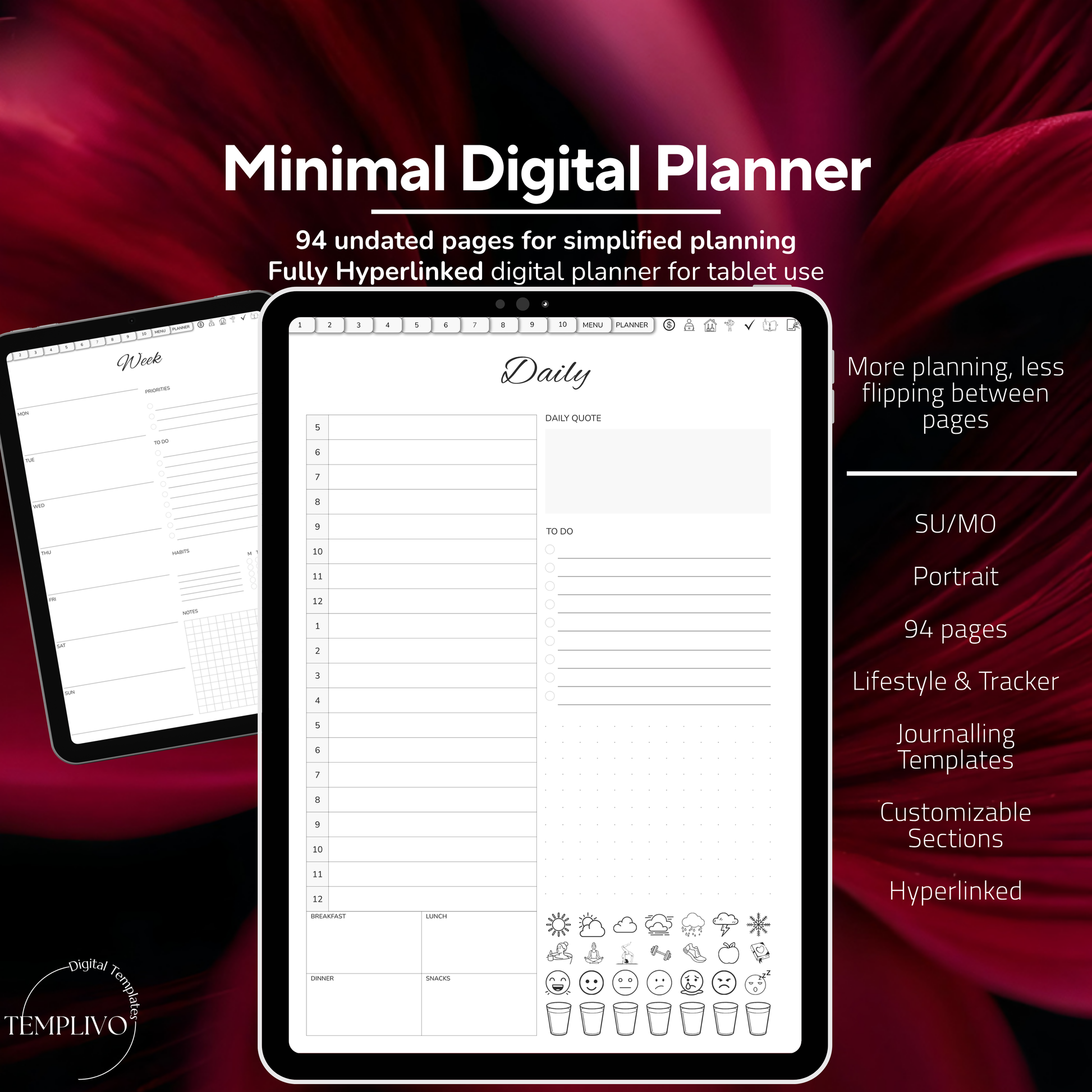 Digital Planner, Sunday MOnday start, Digitaler Planer, Minimalist Digital Planner, printable planner, undated Digital planner, simple minimal Digital Planner - Sunday Start, Monday start, journal for samsung notes, goodnotes and ipad, daily, weekly and monthly pages with lifestyle templates, daily planner, weekly planner, monthly planner, digital planner, goodnotes planner, digital journal, notebook, adhd planner, hyperlinked, digital download, digitaler planer, digitale agenda, digital notebook