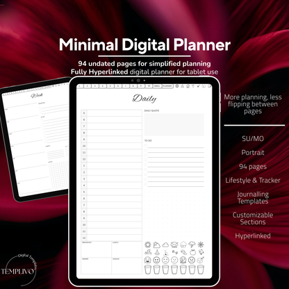 Digital Planner, Sunday MOnday start, Digitaler Planer, Minimalist Digital Planner, printable planner, undated Digital planner, simple minimal Digital Planner - Sunday Start, Monday start, journal for samsung notes, goodnotes and ipad, daily, weekly and monthly pages with lifestyle templates, daily planner, weekly planner, monthly planner, digital planner, goodnotes planner, digital journal, notebook, adhd planner, hyperlinked, digital download, digitaler planer, digitale agenda, digital notebook