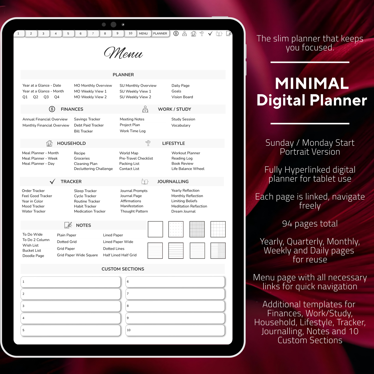 Digital Planner, Sunday MOnday start, Digitaler Planer, Minimalist Digital Planner, printable planner, undated Digital planner, simple minimal Digital Planner - Sunday Start, Monday start, journal for samsung notes, goodnotes and ipad, daily, weekly and monthly pages with lifestyle templates, daily planner, weekly planner, monthly planner, digital planner, goodnotes planner, digital journal, notebook, adhd planner, hyperlinked, digital download, digitaler planer, digitale agenda, digital notebook