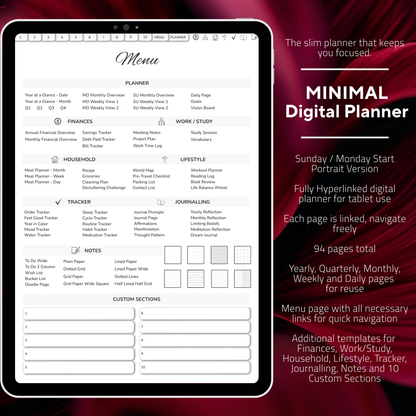 Digital Planner, Sunday MOnday start, Digitaler Planer, Minimalist Digital Planner, printable planner, undated Digital planner, simple minimal Digital Planner - Sunday Start, Monday start, journal for samsung notes, goodnotes and ipad, daily, weekly and monthly pages with lifestyle templates, daily planner, weekly planner, monthly planner, digital planner, goodnotes planner, digital journal, notebook, adhd planner, hyperlinked, digital download, digitaler planer, digitale agenda, digital notebook