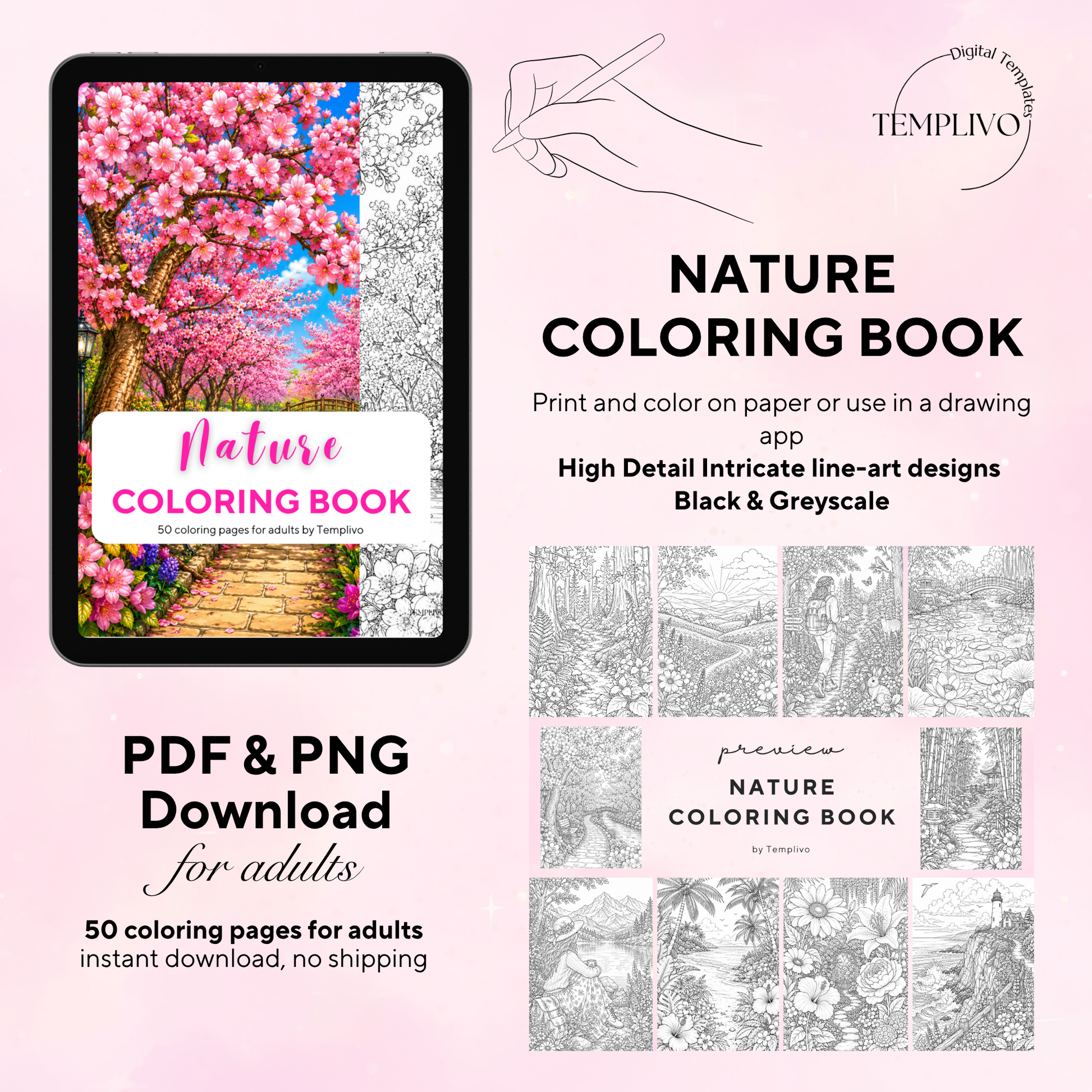 Adult coloring book, nature coloring book, floral, livre de coloriage, pdf, png, nature coloring pages, adult coloring pages, doodle colouring book, forest colouring pages png, adult coloring pages printable, adult coloring, coloring pages for adults, coloring page digital, Instant download, high detail and intricate, Line art, best seller, grey scale, NAtur Malvorlagen, Wald Malbuch, Malseiten