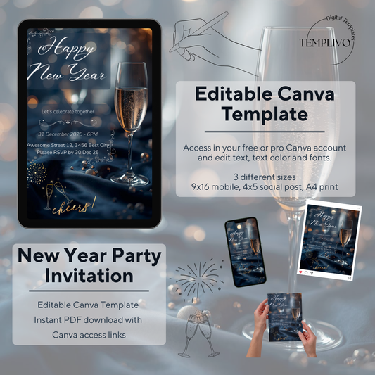 New Year Party Invitation, Canva template,  Canva invitation, editable invitation, New Year's eve Party, New Year Dinner, Sylvester, Sylvester Party Einladung, Canva Einladung, Invitation à la fête du Nouvel An, Einladung, Invitation, canva