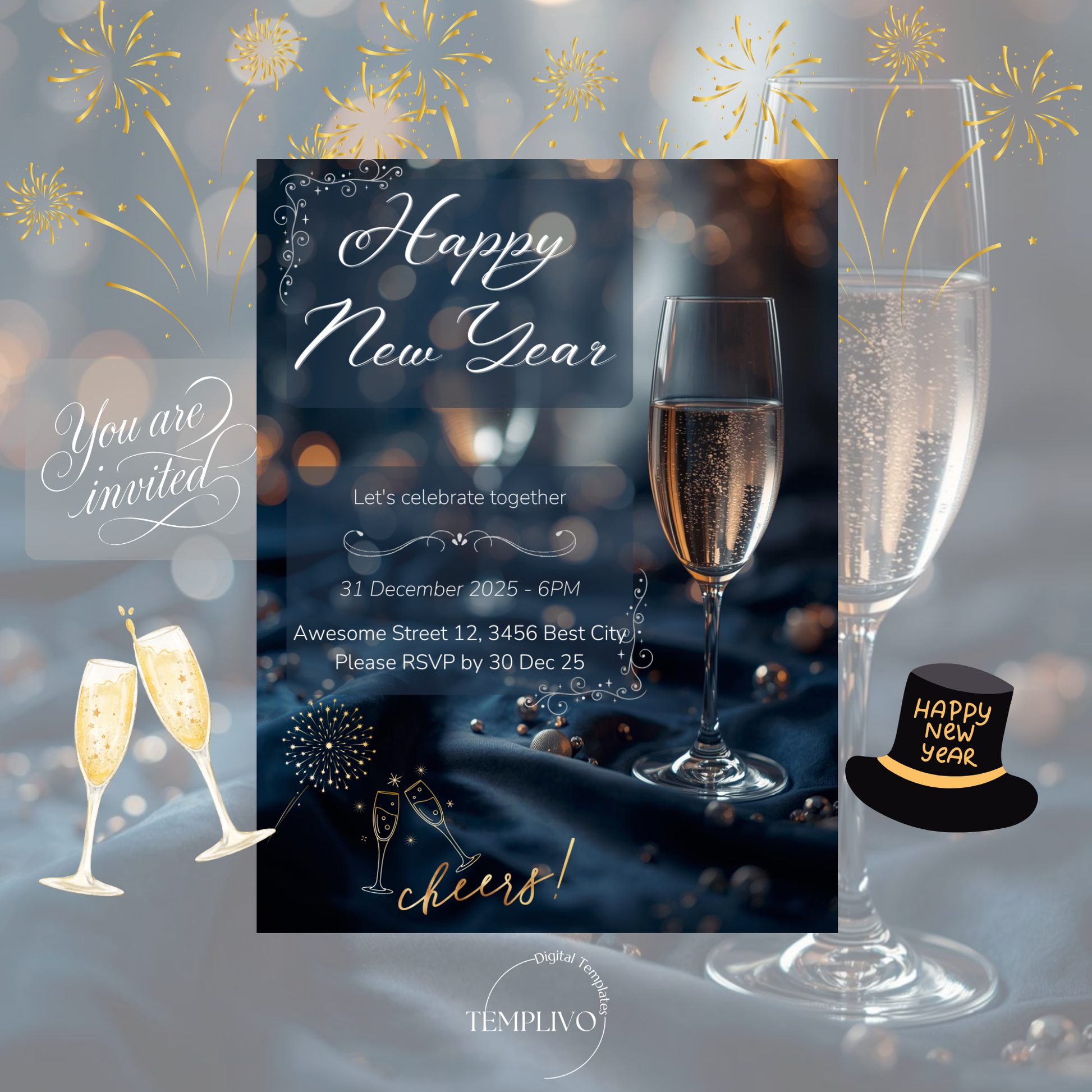 New Year Party Invitation, Canva template,  Canva invitation, editable invitation, New Year's eve Party, New Year Dinner, Sylvester, Sylvester Party Einladung, Canva Einladung, Invitation à la fête du Nouvel An, Einladung, Invitation, canva