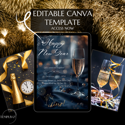 New Year Party Invitation, Canva template,  Canva invitation, editable invitation, New Year's eve Party, New Year Dinner, Sylvester, Sylvester Party Einladung, Canva Einladung, Invitation à la fête du Nouvel An, Einladung, Invitation, canva