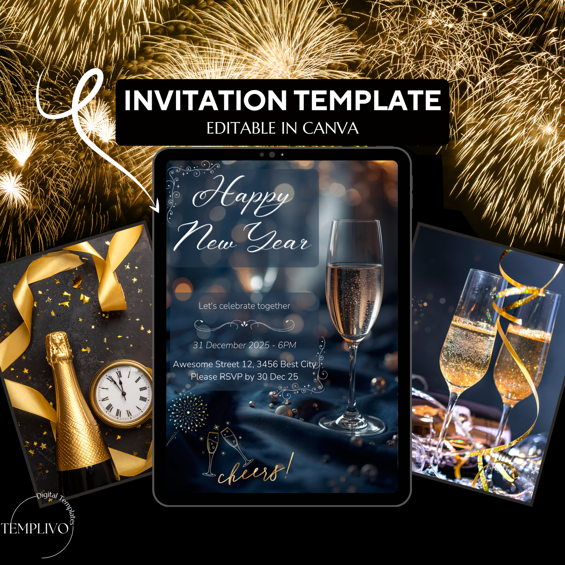 New Year Party Invitation, Canva template,  Canva invitation, editable invitation, New Year's eve Party, New Year Dinner, Sylvester, Sylvester Party Einladung, Canva Einladung, Invitation à la fête du Nouvel An, Einladung, Invitation, canva