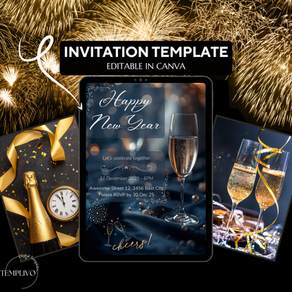 New Year Party Invitation, Canva template,  Canva invitation, editable invitation, New Year's eve Party, New Year Dinner, Sylvester, Sylvester Party Einladung, Canva Einladung, Invitation à la fête du Nouvel An, Einladung, Invitation, canva
