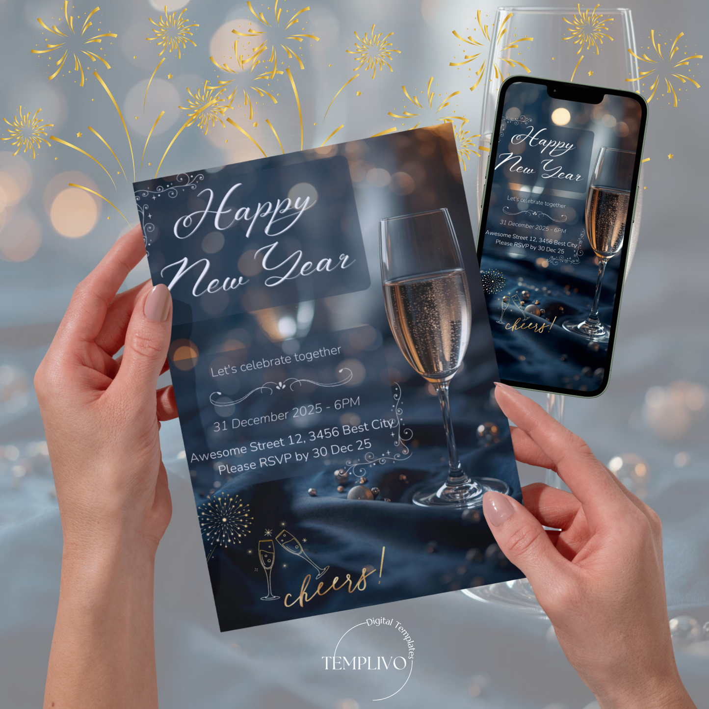 New Year Party Invitation, Canva template,  Canva invitation, editable invitation, New Year's eve Party, New Year Dinner, Sylvester, Sylvester Party Einladung, Canva Einladung, Invitation à la fête du Nouvel An, Einladung, Invitation, canva