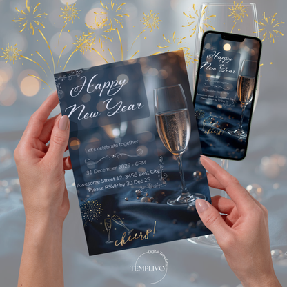 New Year Party Invitation, Canva template,  Canva invitation, editable invitation, New Year's eve Party, New Year Dinner, Sylvester, Sylvester Party Einladung, Canva Einladung, Invitation à la fête du Nouvel An, Einladung, Invitation, canva