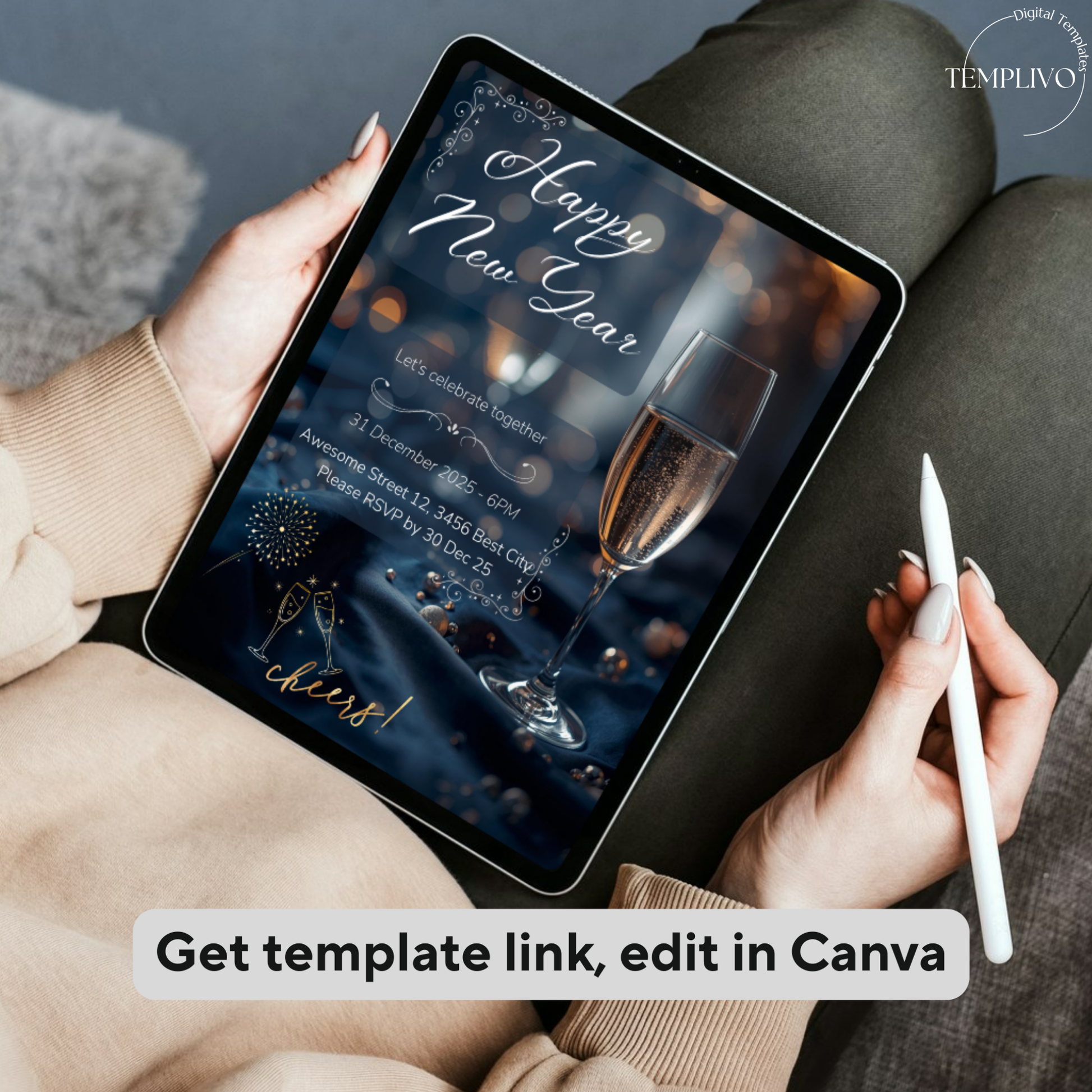 New Year Party Invitation, Canva template,  Canva invitation, editable invitation, New Year's eve Party, New Year Dinner, Sylvester, Sylvester Party Einladung, Canva Einladung, Invitation à la fête du Nouvel An, Einladung, Invitation, canva