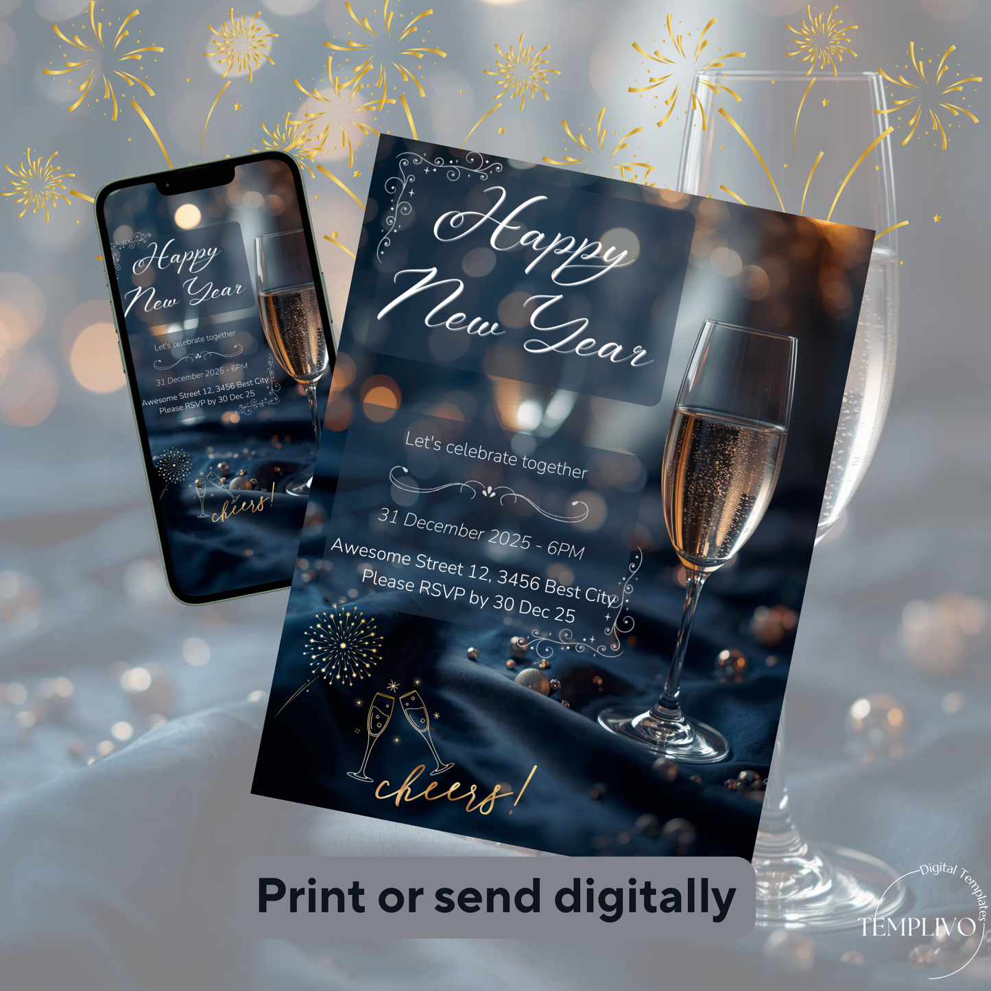 New Year Party Invitation, Canva template,  Canva invitation, editable invitation, New Year's eve Party, New Year Dinner, Sylvester, Sylvester Party Einladung, Canva Einladung, Invitation à la fête du Nouvel An, Einladung, Invitation, canva