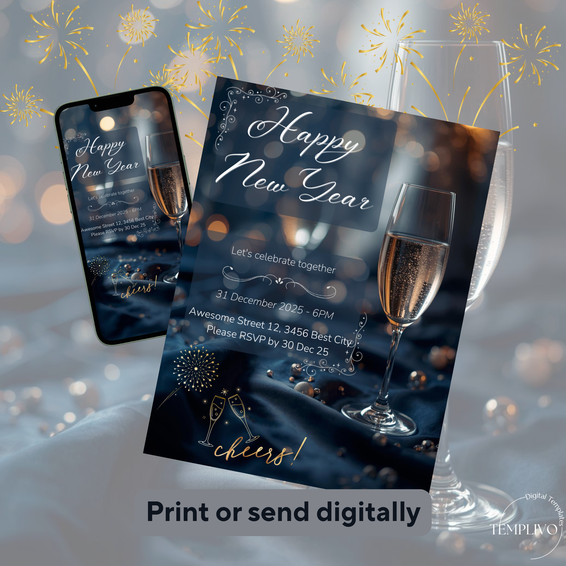 New Year Party Invitation, Canva template,  Canva invitation, editable invitation, New Year's eve Party, New Year Dinner, Sylvester, Sylvester Party Einladung, Canva Einladung, Invitation à la fête du Nouvel An, Einladung, Invitation, canva