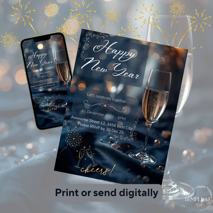 New Year Party Invitation, Canva template,  Canva invitation, editable invitation, New Year's eve Party, New Year Dinner, Sylvester, Sylvester Party Einladung, Canva Einladung, Invitation à la fête du Nouvel An, Einladung, Invitation, canva