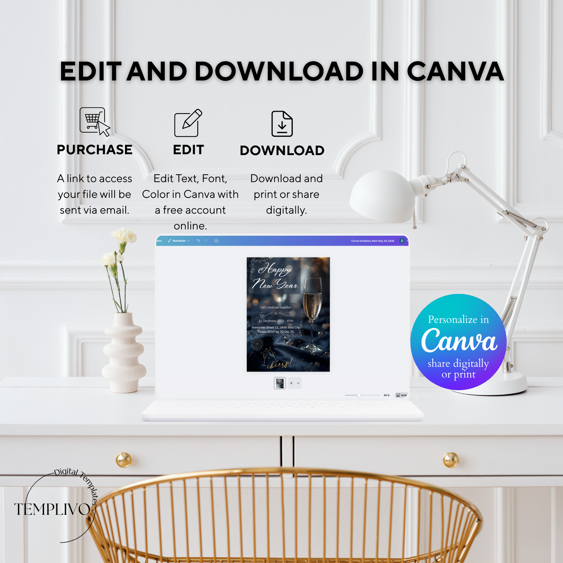 New Year Party Invitation, Canva template,  Canva invitation, editable invitation, New Year's eve Party, New Year Dinner, Sylvester, Sylvester Party Einladung, Canva Einladung, Invitation à la fête du Nouvel An, Einladung, Invitation, canva