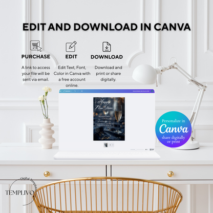 New Year Party Invitation, Canva template,  Canva invitation, editable invitation, New Year's eve Party, New Year Dinner, Sylvester, Sylvester Party Einladung, Canva Einladung, Invitation à la fête du Nouvel An, Einladung, Invitation, canva