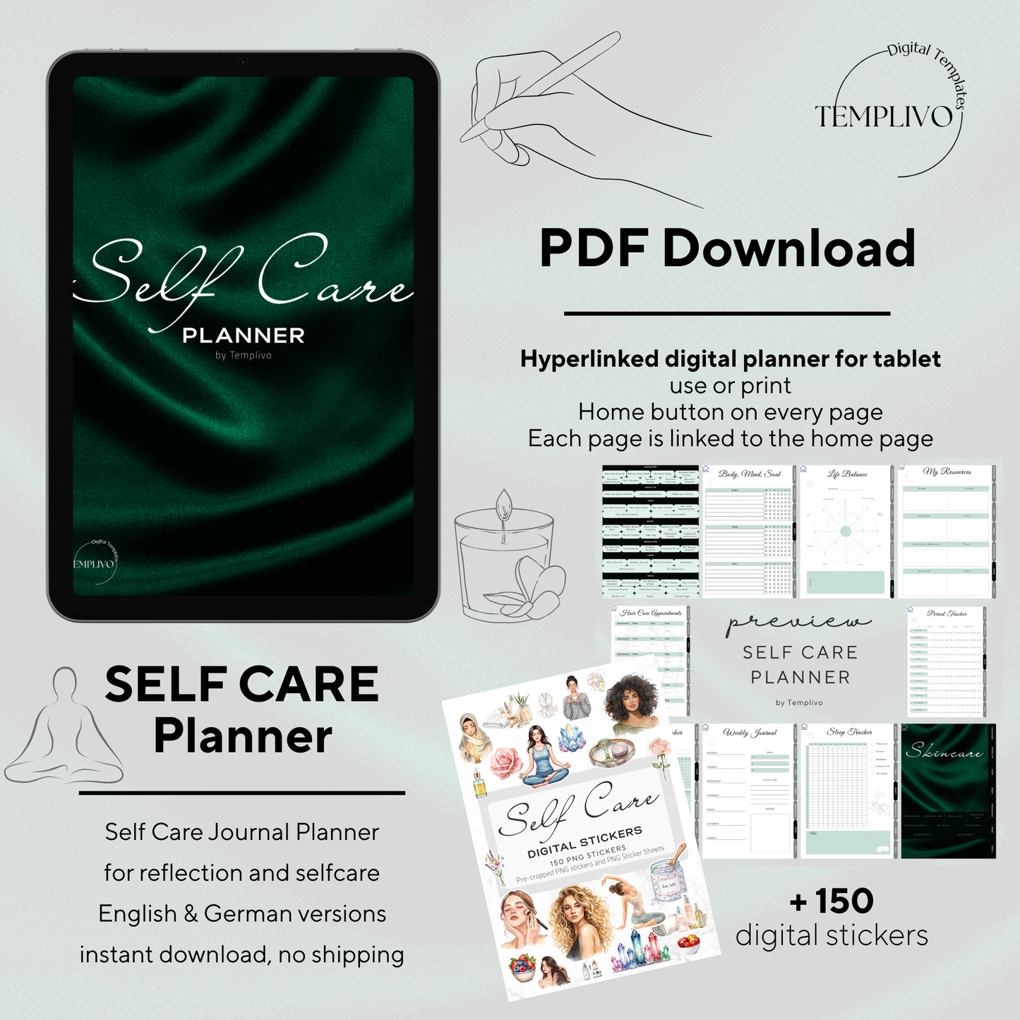 Digital Planner, self care planner, hyperlinked digital planner, self care, planner in emerald green, Planer, Selbstfürsorge, Selbstliebe, self-love planner, pdf download