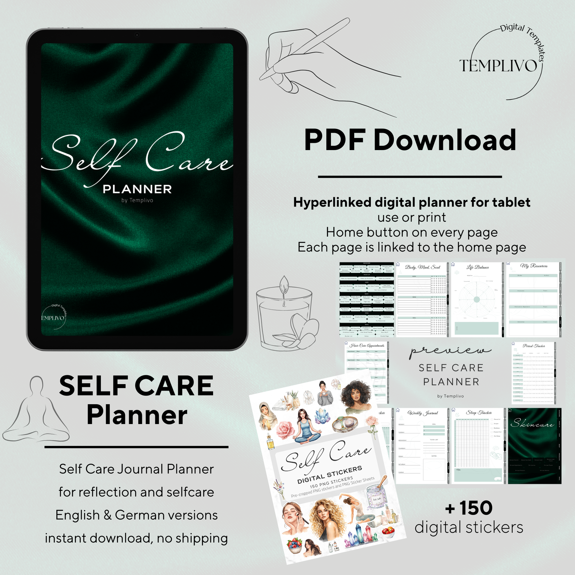 Digital Planner, self care planner, hyperlinked digital planner, self care, planner in emerald green, Planer, Selbstfürsorge, Selbstliebe, self-love planner, pdf download