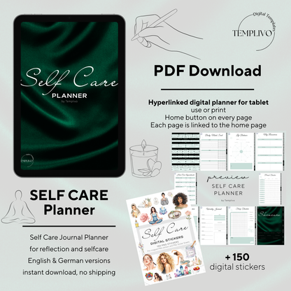 Digital Planner, self care planner, hyperlinked digital planner, self care, planner in emerald green, Planer, Selbstfürsorge, Selbstliebe, self-love planner, pdf download