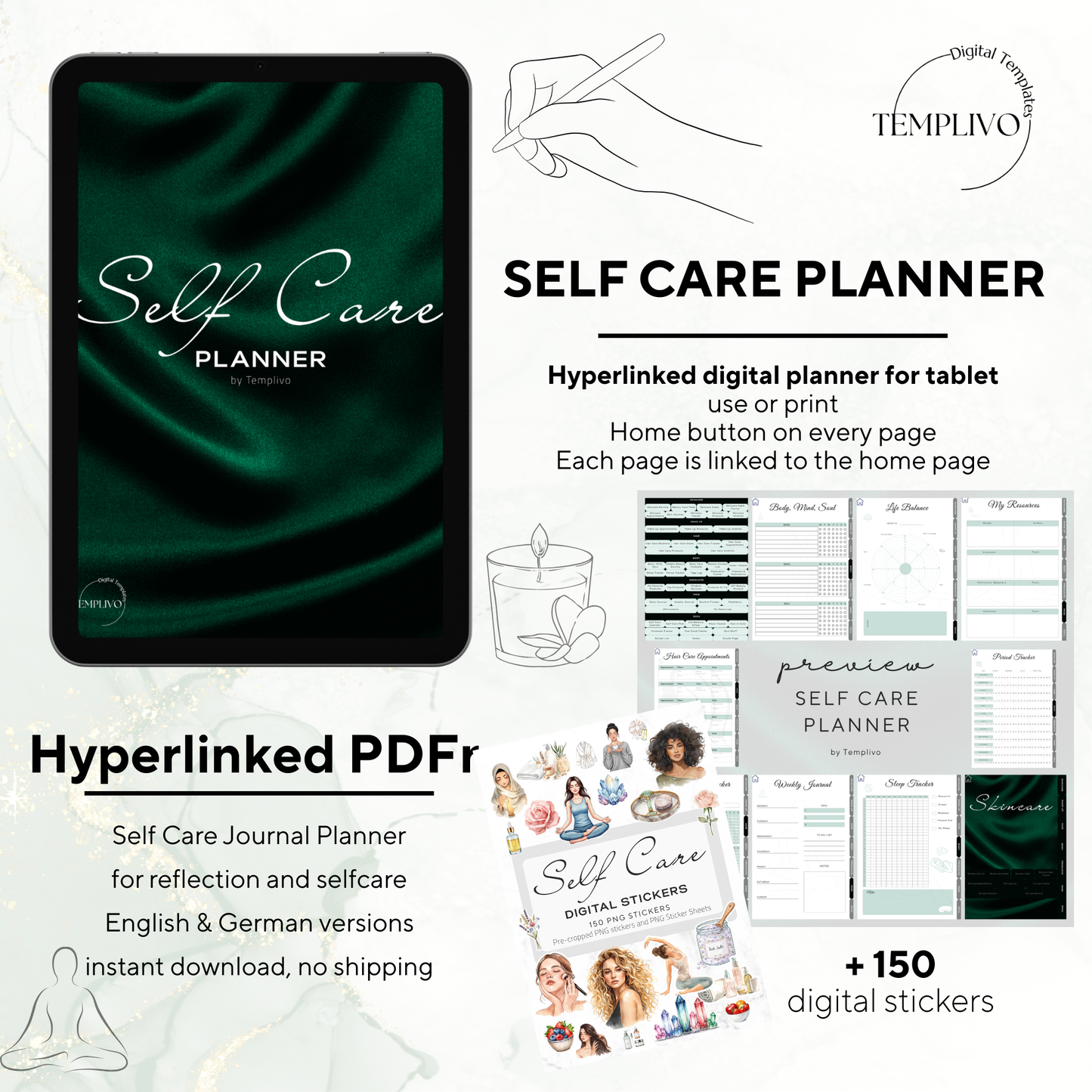 Digital Planner, self care planner, hyperlinked digital planner, self care, planner in emerald green, Planer, Selbstfürsorge, Selbstliebe, self-love planner, pdf download