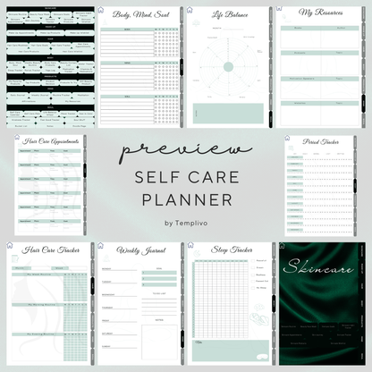 Digital Planner, self care planner, hyperlinked digital planner, self care, planner in emerald green, Planer, Selbstfürsorge, Selbstliebe, self-love planner, pdf download