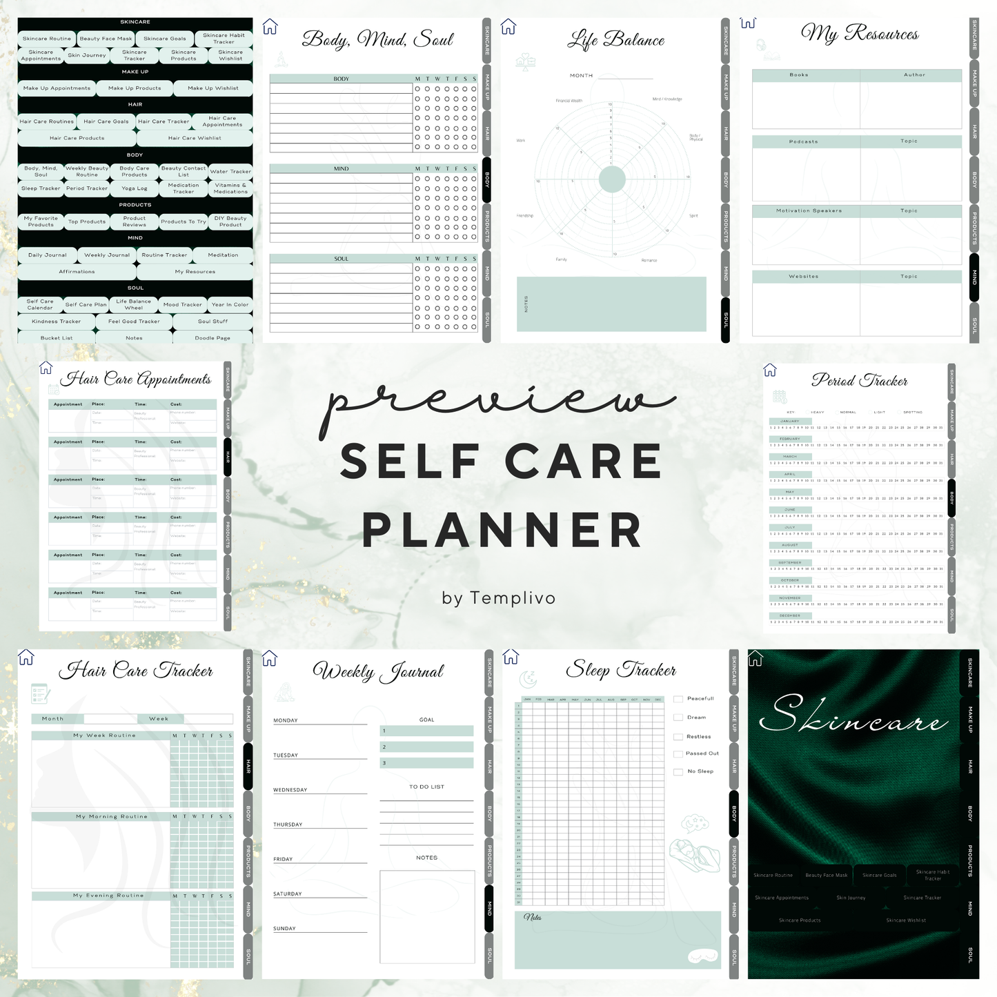 Digital Planner, self care planner, hyperlinked digital planner, self care, planner in emerald green, Planer, Selbstfürsorge, Selbstliebe, self-love planner, pdf download
