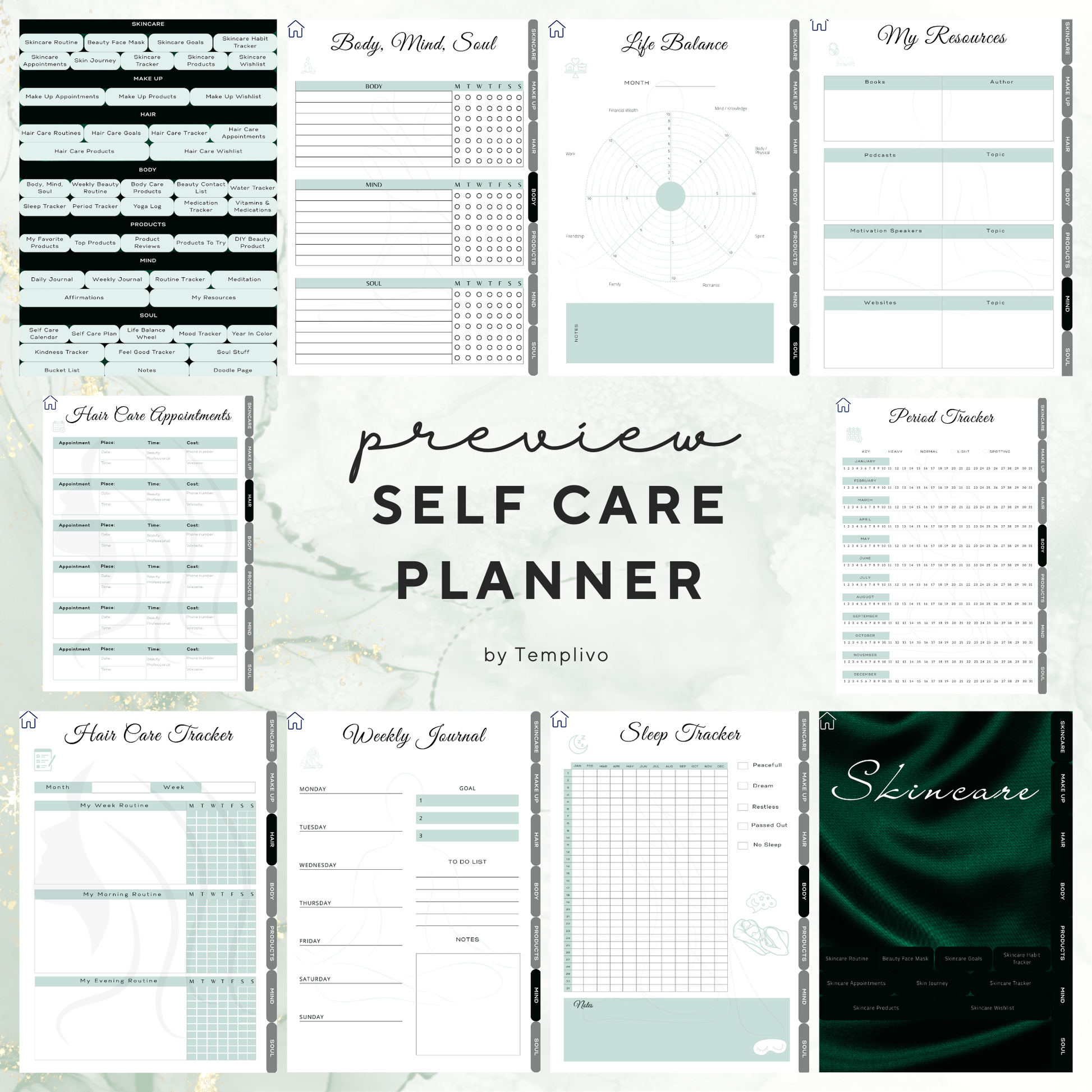 Digital Planner, self care planner, hyperlinked digital planner, self care, planner in emerald green, Planer, Selbstfürsorge, Selbstliebe, self-love planner, pdf download